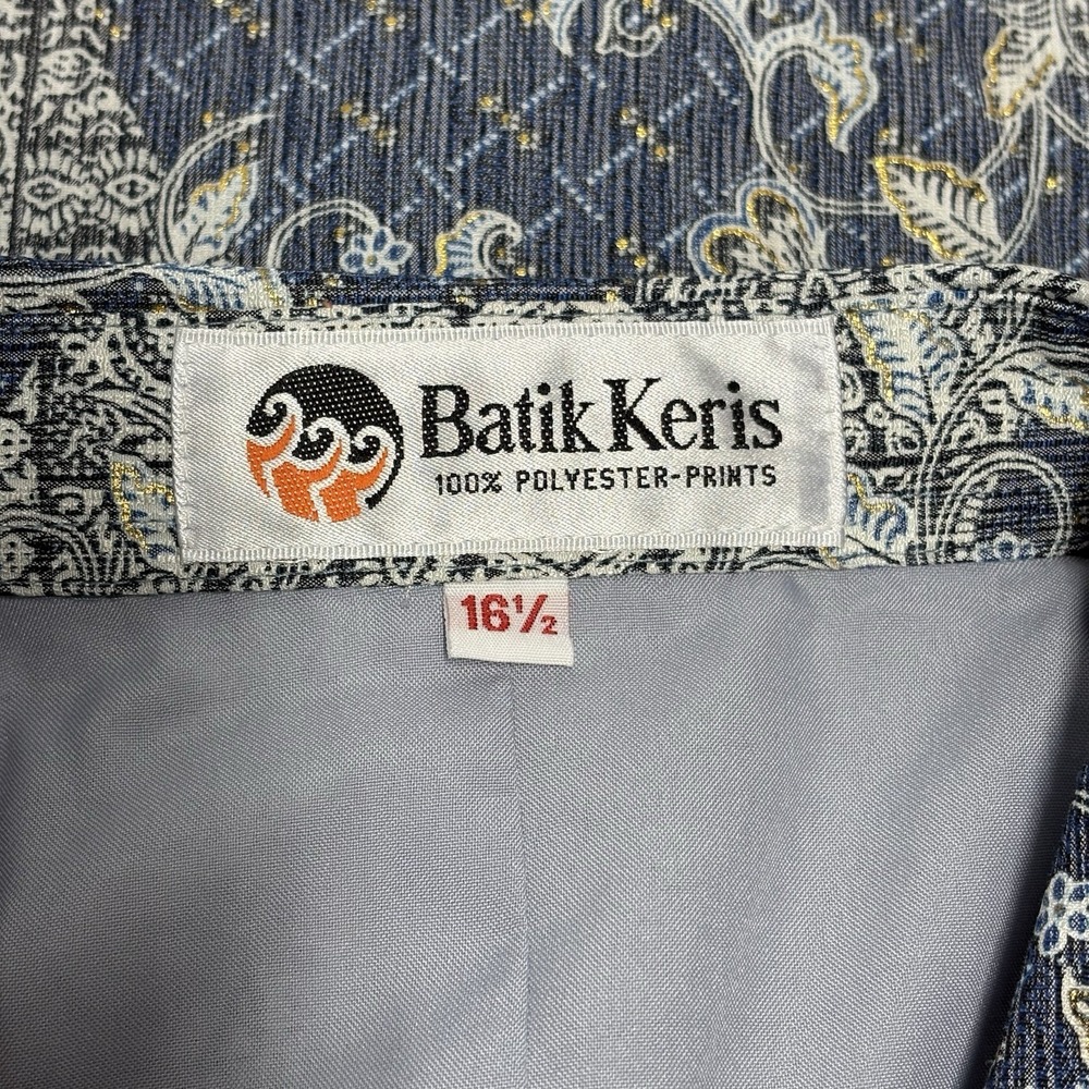 Batik Keris Men Short Sleeve Button Up Shirt Size 16.5 Blue Silky Polyester Asia - Picture 5 of 13